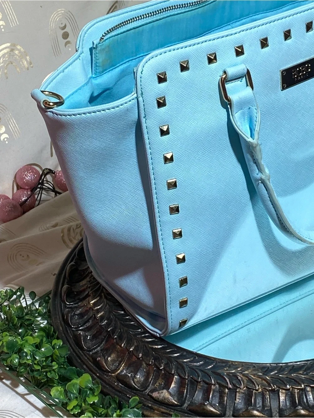 BCBG Light Blue Stud-Trim Structured Tote